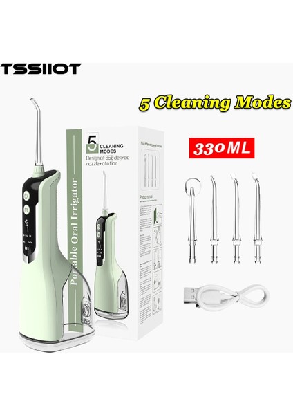 Yeşil Stil Diş Su Jeti Irrigator Diş 5 Vitesli Oral Irrigator Diş Duşunda Taşınabilir Diş Suyu 330ML Ipx7 Su Geçirmez Diş (Yurt Dışından)
