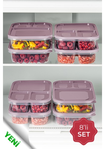 8li 3 Bölmeli Dikdörtgen Saklama Kabı 1,15 Litre Pembe