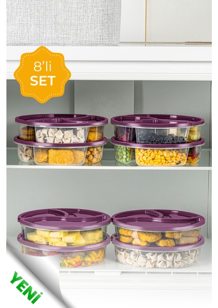 8li 3 Bölmeli Yuvarlak Saklama Kabı 1,2 Litre Mor