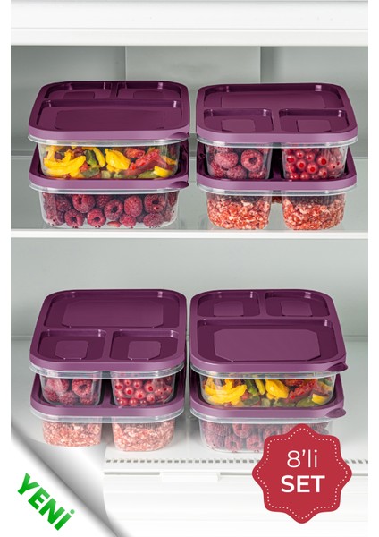 8li 3 Bölmeli Dikdörtgen Saklama Kabı 1,15 Litre Mor