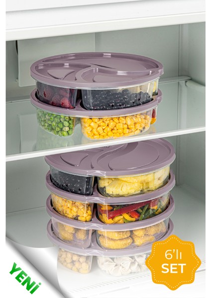 6lı 3 Bölmeli Yuvarlak Saklama Kabı 1,2 Litre Pembe