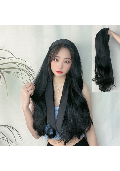 Jiangxi Nanchang Kafa Bandı Peruk Kadın Siyah Uzun Kıvırcık Saç Hızlı El Ipek Flama Kafa Bandı Büyük Dalga Yarım Başlık (Yurt Dışından)