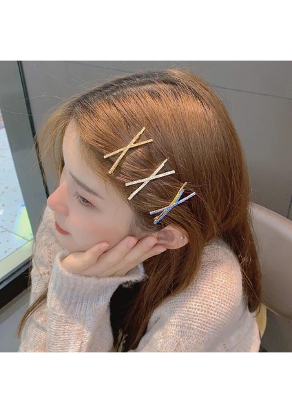 Kore x Şekli Taklidi Tokası Saç Aksesuarları Kadın Altın Alaşım Moda Saç Tokası Tam Matkap Süper Flaş Kız Çapraz Firkete (Yurt Dışından)