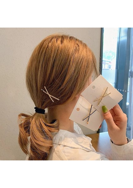 Kore x Şekli Taklidi Tokası Saç Aksesuarları Kadın Altın Alaşım Moda Saç Tokası Tam Matkap Süper Flaş Kız Çapraz Firkete (Yurt Dışından) modelleri