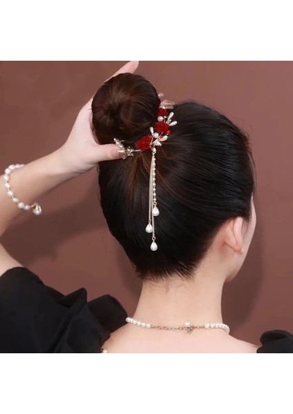 Vintage Kırmızı Gül Firkete Saç Pençe Fransız Zarif Moda Headdress Kadın Geri Kabarık Saç Püskül Firkete Şapkalar Aksesuarları (Yurt Dışından) fırsatları