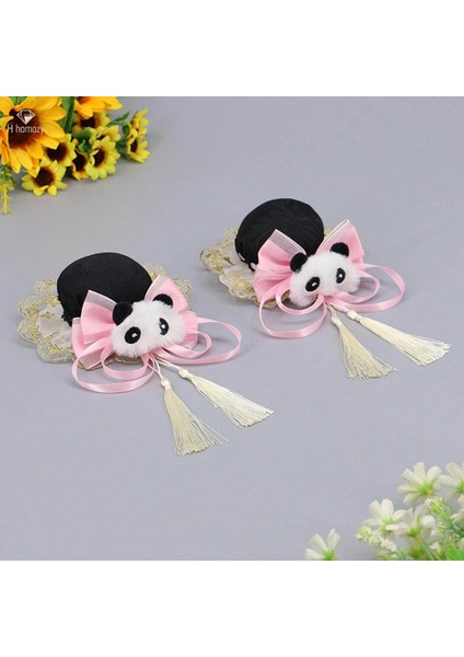 2x Çin Tarzı Saç Klipleri Panda Barrette Hanfu Qipao Püskül Yapış Tokalar Pembe (Yurt Dışından)