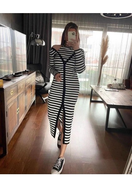 Yırtmaçlı Omuzu Açık Elbise - Siyah fiyatları