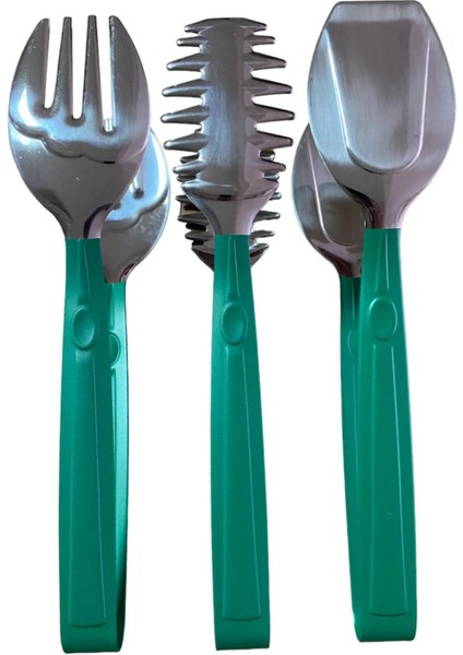 Lüks 3 Parça Gümüş Yeşil Paslanmaz Çelik Makarna, Salata, Pasta Maşa Seti Paslanmaz Çelik