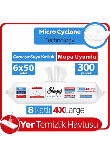 Easy Clean Çamaşır Suyu Katkılı Mopa Uyumlu Yer Temizlik Havlusu&Mendili 6x50 (300 Yaprak)