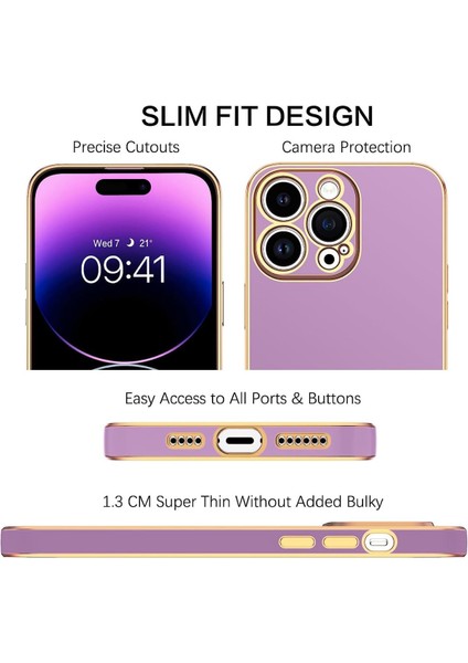 Apple iPhone 14 Pro Kılıf Kenarları Gold Kamera Korumalı Renkli Pastel Silikon Lila Bark