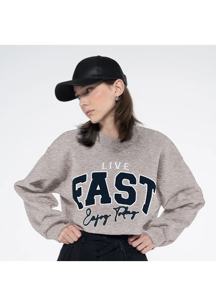 Friday Offset Fast Kadın Gri Melanj Bisiklet Yaka Ekstra Oversize Crop Sweatshirt - Şardonlu 3 Iplik