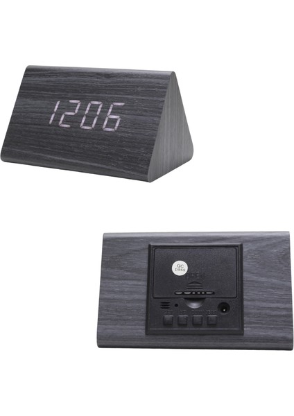 LED Ekranlı Termometreli Üçgen Ahşap Dijital Masa Saati
