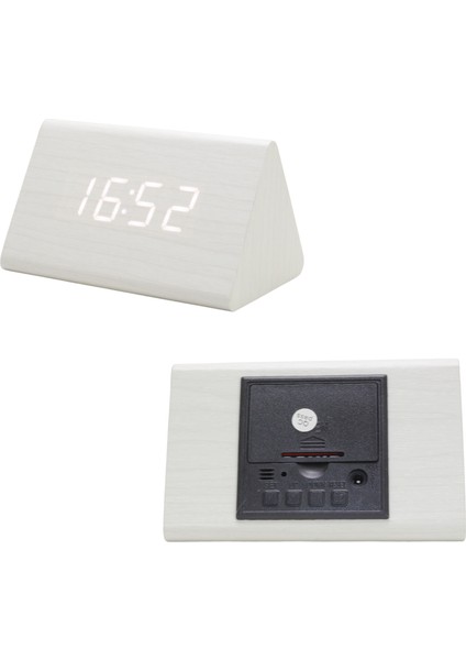 LED Ekranlı Termometreli Üçgen Ahşap Dijital Masa Saati modelleri