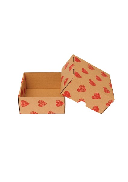 Hediye Kutusu Kırmızı Kalp Baskılı Gövde+Kapak Kraft 16X15X8 cm - 50 Adet