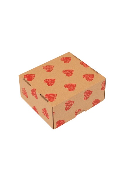 Hediye Kutusu Kırmızı Kalp Baskılı Gövde+Kapak Kraft 16X15X8 cm - 50 Adet