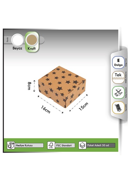 Hediye Kutusu Siyah Yıldız Baskılı Gövde+Kapak Kraft 16X15X8 cm - 50 Adet