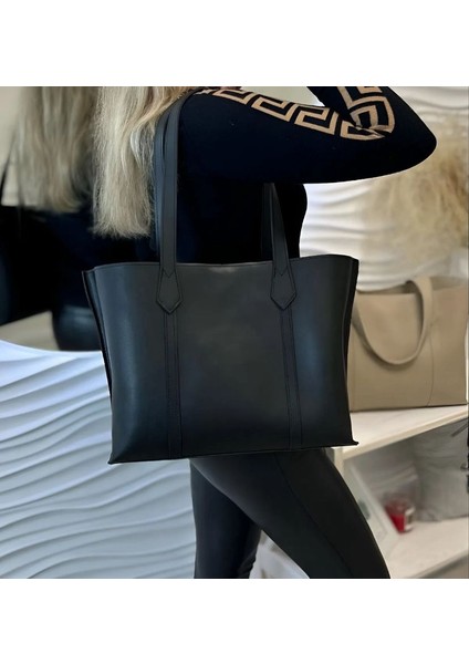 Çıtçıtlı ve Fermaurlu Suni Deri Büyük Boy Kadın El ve Omuz Çantası