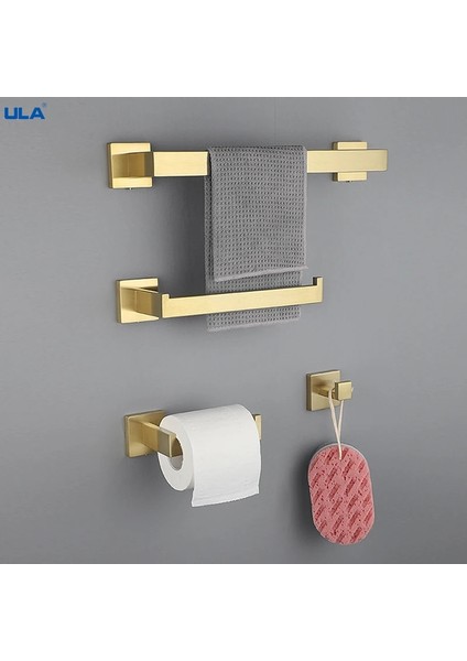 A61332GN Stili Ula Altın Banyo Donanım Seti Kare Elbise Duvar Kancaları Tek Havlu Çubuğu Bornoz Askısı Asılı Kağıt Tutucu Raf Altın Banyo (Yurt Dışından)