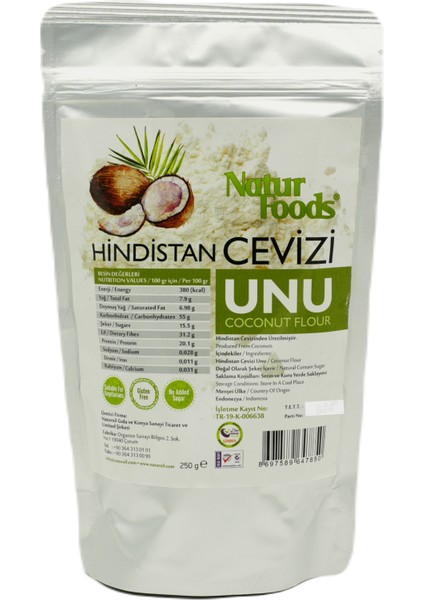 Hindistan Cevizi Unu Glutensiz , Şeker İlavesiz 250 gr