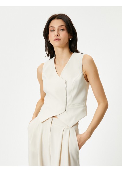 Blazer Yelek Anvelop Fermuar Detaylı V Yaka Fleto Cepli modelleri