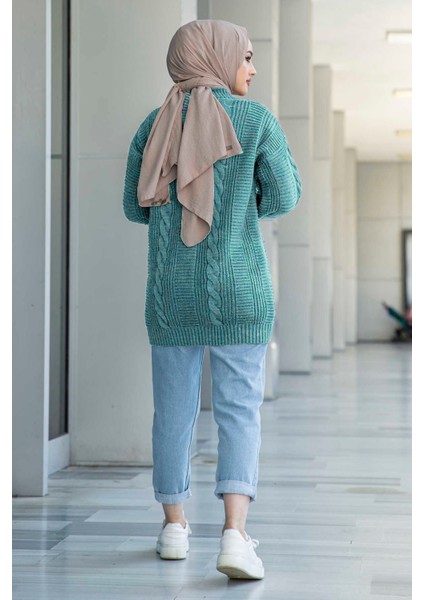 Kadın Triko Hırka Akrilik iplik 80 cm Saç Örgülü Su Yeşili modelleri
