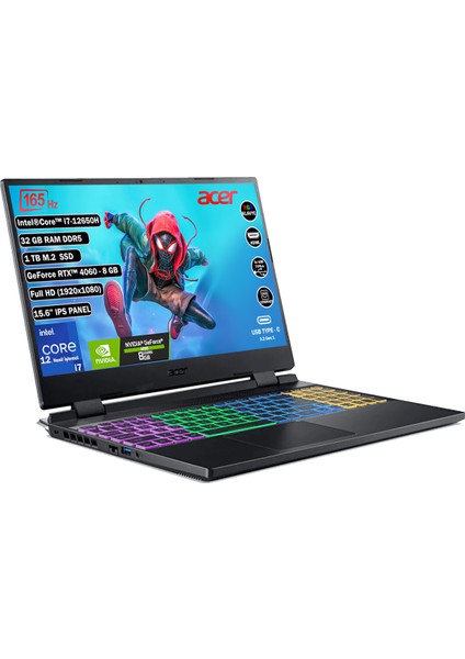 Nitro 5 Intel Core i7-12650H 32GB 1TB SSD RTX4060-8GB Dos 15.6" 165Hz Taşınabilir Bilgisayar NH.QM0EY.00C