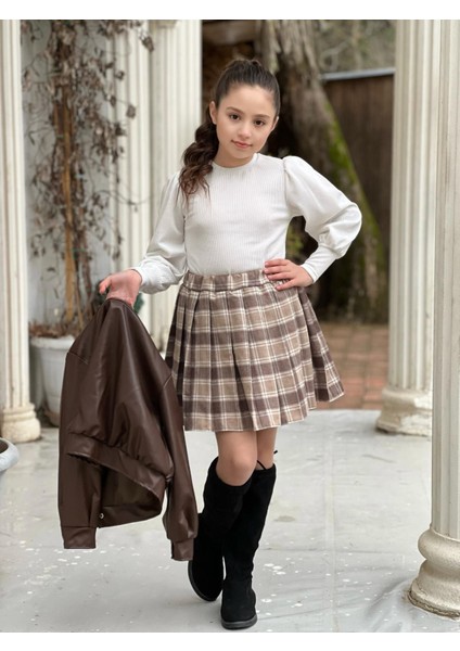 Ekose Etekli Deri Ceketli Kız Çocuk Üçlü Kombin - Kahverengi fiyatları