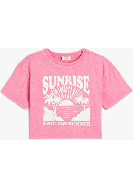 Crop T-Shirt Tropik Baskılı Kısa Kollu Bisiklet Yaka Pamuklu