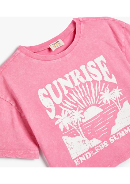 Crop T-Shirt Tropik Baskılı Kısa Kollu Bisiklet Yaka Pamuklu modelleri