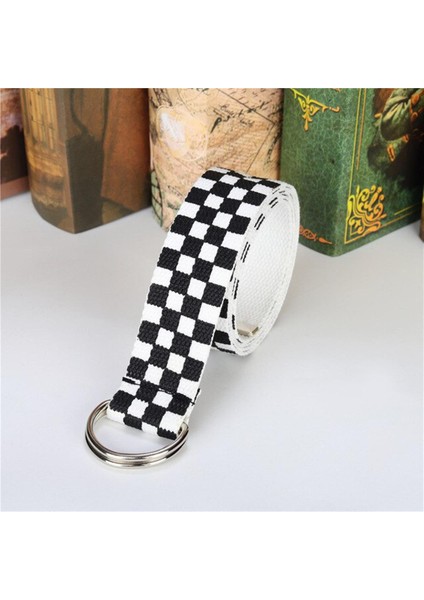 Erkekler Kemer Siyah Beyaz Ekose Kemer Kanvas Dama Tahtası Kemerler Kuşak 3.8 cm Bel Kemerleri Rahat Damalı D Toka (Yurt Dışından)