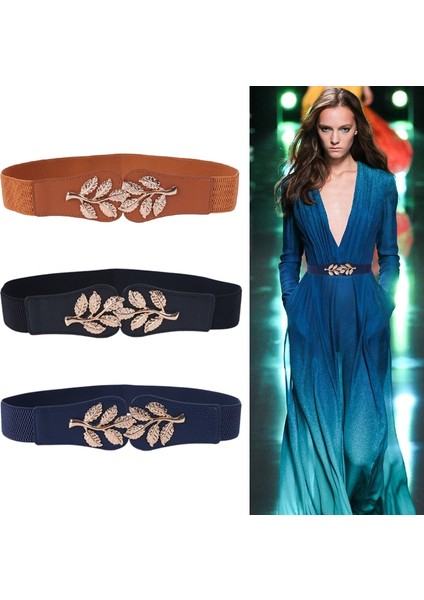 Moda Yaprak Kemerler Esnek Bayan Sıcak Kadınlar Için Elastik Kuşaklar Koyu Mavi Kemer Elbise Altın Çift Metal Toka Kemer (Yurt Dışından)