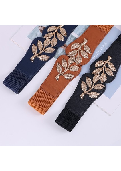 Moda Yaprak Kemerler Esnek Bayan Sıcak Kadınlar Için Elastik Kuşaklar Koyu Mavi Kemer Elbise Altın Çift Metal Toka Kemer (Yurt Dışından) fiyatları
