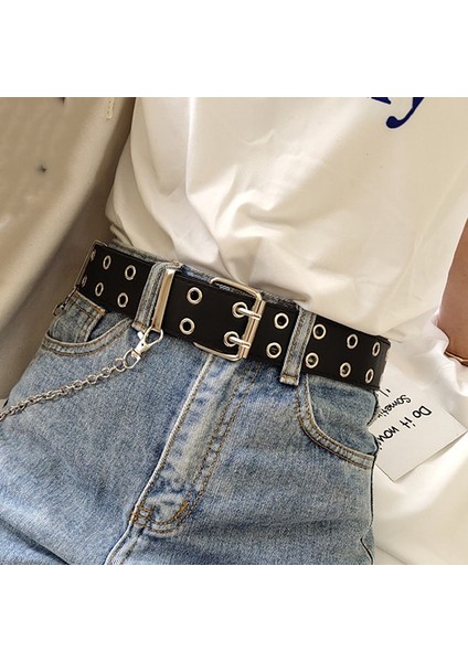 Moda Kadın Punk Zincir Kemer Bayanlar Ayarlanabilir Çift/tek Sıra Delik Deliği Kot Kemer Kuşgözü Zinciri ile Dekoratif Kemerler (Yurt Dışından) indirimleri