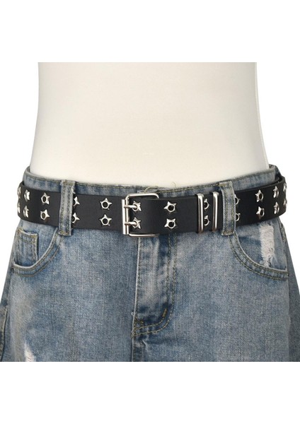 Y2K Kadın Yıldız Göz Perçin Kemer Çift Sıralı Delik Kemer Punk Bel Kayışı Oymak Pu Deri Kot Dekoratif Moda Kemer (Yurt Dışından)