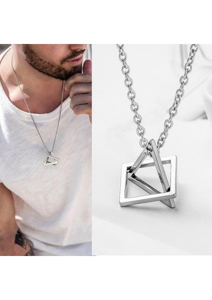 Rinhoo Trendy Kilitli Kare Üçgen Kolye Erkekler Için Paslanmaz Çelik Geometrik Istifleme Sokak Hip Hop Kaya Kolye (Yurt Dışından)