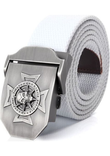 Supsindy Erkekler Kanvas Kemer Çapraz Kafatası Metal Toka Askeri Taktik Kemerler Erkekler Için Moda Kot Kemer Erkek Kayış Siyah (Yurt Dışından)