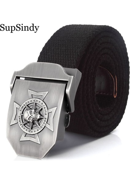 Supsindy Erkekler Kanvas Kemer Çapraz Kafatası Metal Toka Askeri Taktik Kemerler Erkekler Için Moda Kot Kemer Erkek Kayış Siyah (Yurt Dışından)