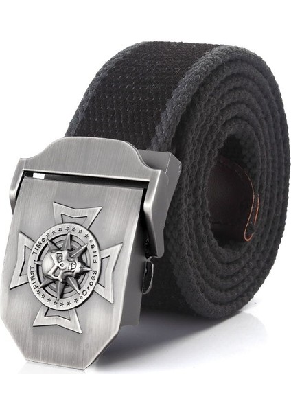 Supsindy Erkekler Kanvas Kemer Çapraz Kafatası Metal Toka Askeri Taktik Kemerler Erkekler Için Moda Kot Kemer Erkek Kayış Siyah (Yurt Dışından)