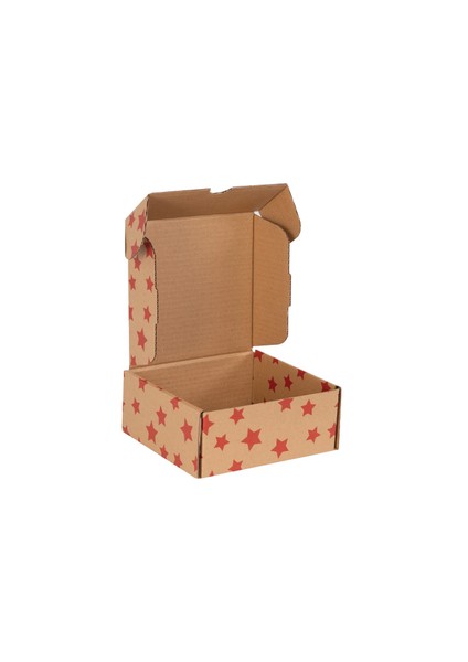 Hediye Kutusu Kırmızı Yıldız Baskılı Kendinden Kapaklı Kraft 18X18X8 cm - 50 Adet modelleri