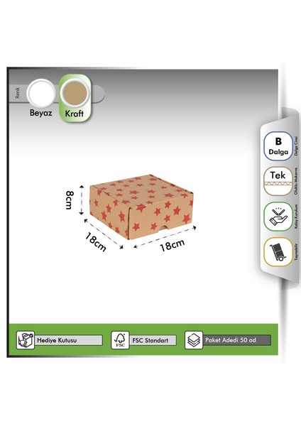 Hediye Kutusu Kırmızı Yıldız Baskılı Kendinden Kapaklı Kraft 18X18X8 cm - 50 Adet indirimleri