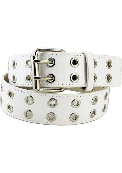 Pu Deri Ayarlanabilir Moda Çift Grommet Kemer Kaya Motosiklet Bel Kemeri Kot Kostüm Punk Siyah Beyaz Gümüş (Yurt Dışından)