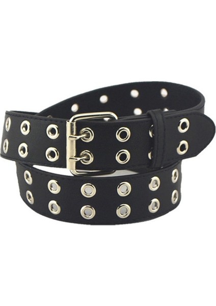 Pu Deri Ayarlanabilir Moda Çift Grommet Kemer Kaya Motosiklet Bel Kemeri Kot Kostüm Punk Siyah Beyaz Gümüş (Yurt Dışından) fırsatları