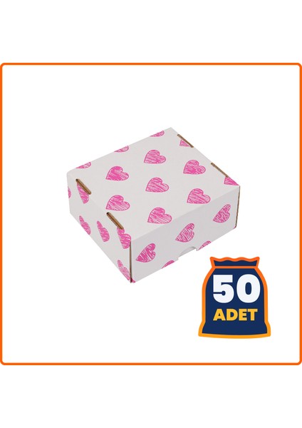 Hediye Kutusu Pembe Kalp Baskılı Gövde+Kapak Beyaz 16X15X8 cm - 50 Adet