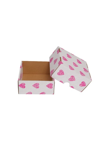 Hediye Kutusu Pembe Kalp Baskılı Gövde+Kapak Beyaz 16X15X8 cm - 50 Adet