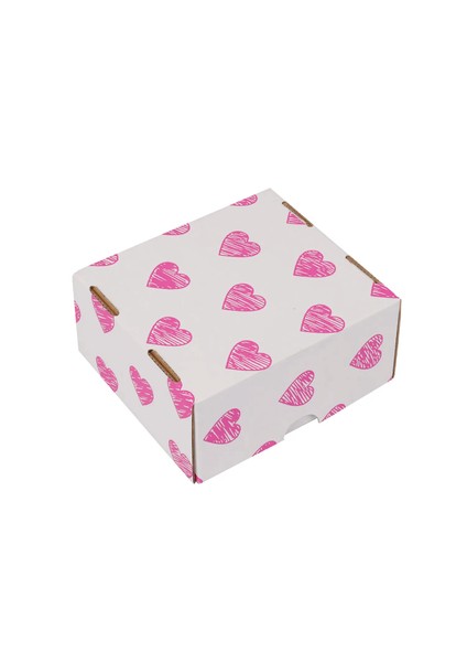 Hediye Kutusu Pembe Kalp Baskılı Gövde+Kapak Beyaz 16X15X8 cm - 50 Adet