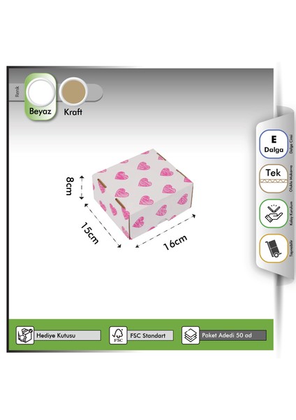Hediye Kutusu Pembe Kalp Baskılı Gövde+Kapak Beyaz 16X15X8 cm - 50 Adet