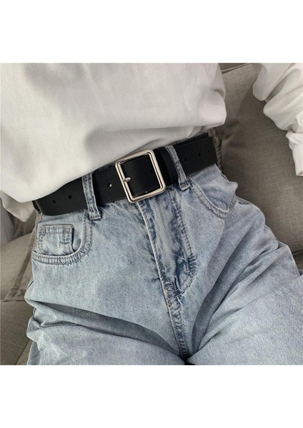 Pu Deri Kemer Kadınlar Için Kare Toka Pin Toka Kot Siyah Kemer Şık Lüks Marka Bayanlar Vintage Kayış Kadın Kemer (Yurt Dışından)