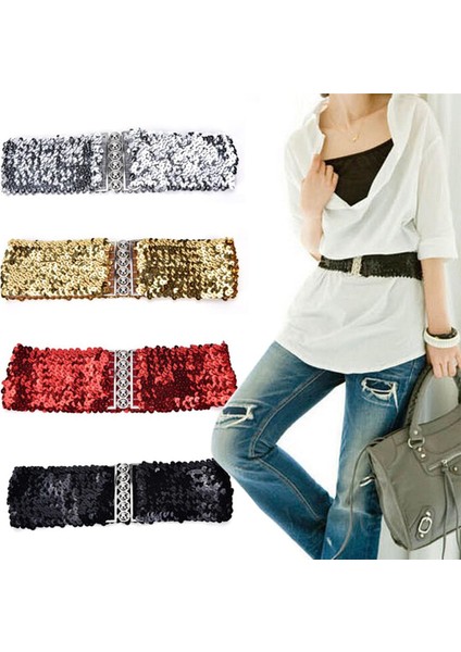 1 Adet Ücretsiz Boyut Parlak Geniş Esnek Kemer Kadın Kuşak Yüksek Moda Metalik Payet Kadın Elbise Kemerleri/siyah (Yurt Dışından)