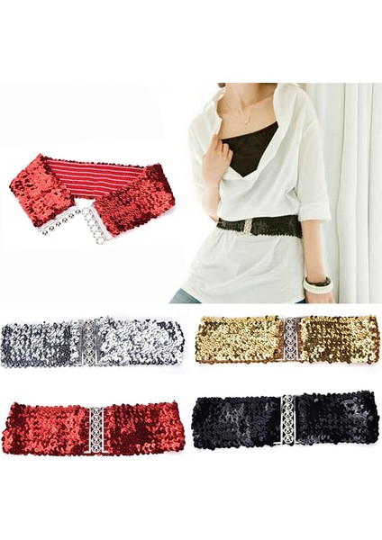 1 Adet Ücretsiz Boyut Parlak Geniş Esnek Kemer Kadın Kuşak Yüksek Moda Metalik Payet Kadın Elbise Kemerleri/siyah (Yurt Dışından) modelleri
