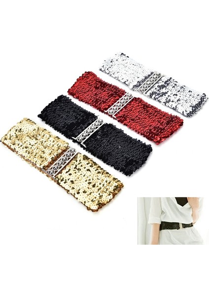 1 Adet Ücretsiz Boyut Parlak Geniş Esnek Kemer Kadın Kuşak Yüksek Moda Metalik Payet Kadın Elbise Kemerleri/siyah (Yurt Dışından) fırsatları